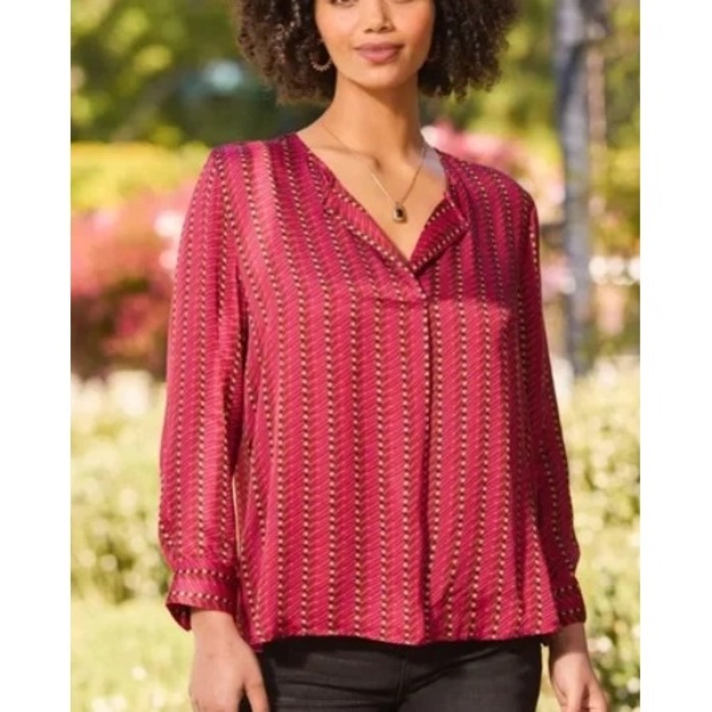 Liverpool Womens Blouse XS Ruby Dotted Stripe Rayon Long Sleeve Professional